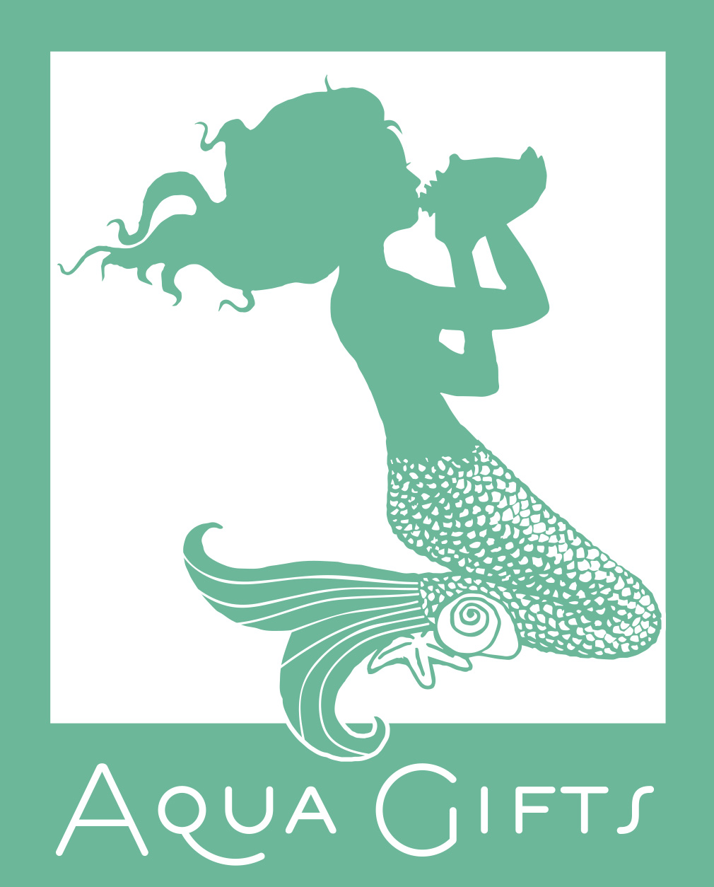 Aqua Gifts logo of a teal mermaid holding a seashell